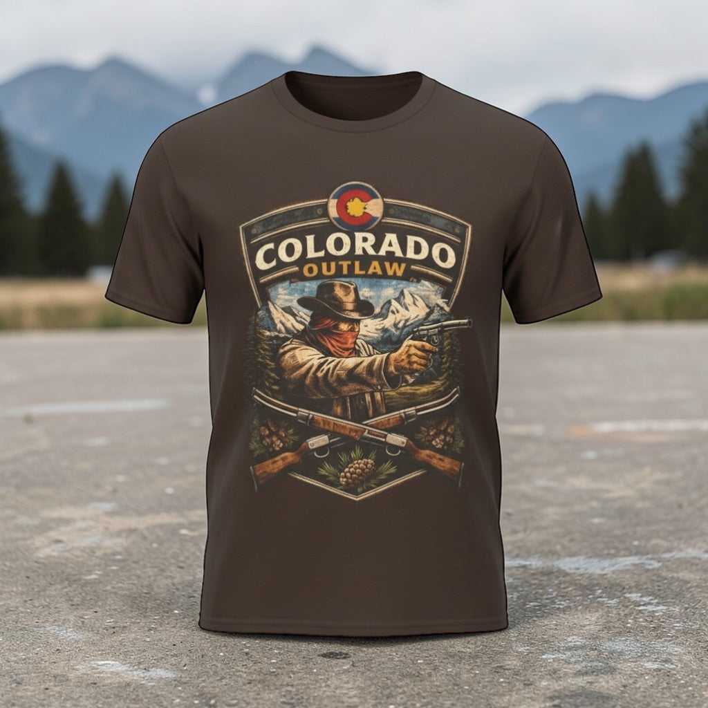 Vintage Western Gunslinger graphic T-shirt by Big Sky Ranch Co., featuring rugged cowboy design on Colorado Outlaw tee.