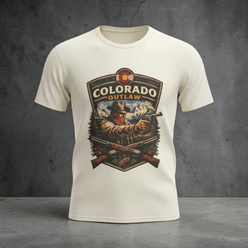 Vintage Colorado Outlaw T-Shirt by Big Sky Ranch Co. featuring Western gunslinger graphic on a casual tee.