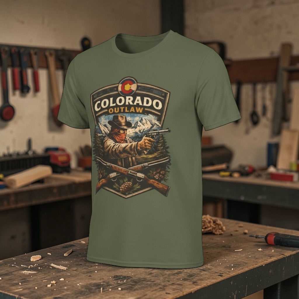 Vintage Colorado Outlaw T-Shirt by Big Sky Ranch Co. featuring a western gunslinger graphic on a casual tee.