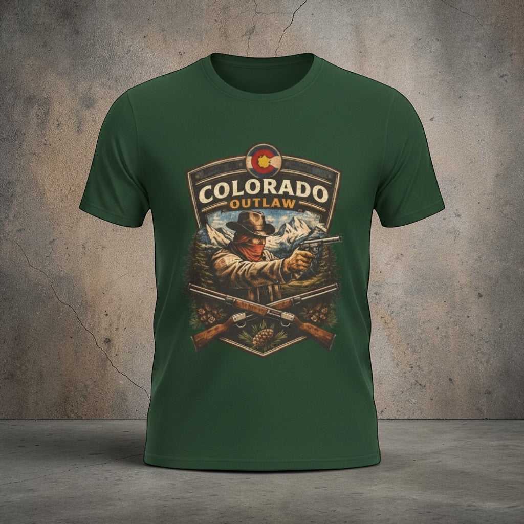 Vintage Colorado Outlaw T-Shirt by Big Sky Ranch Co. featuring a western gunslinger graphic on a casual tee.