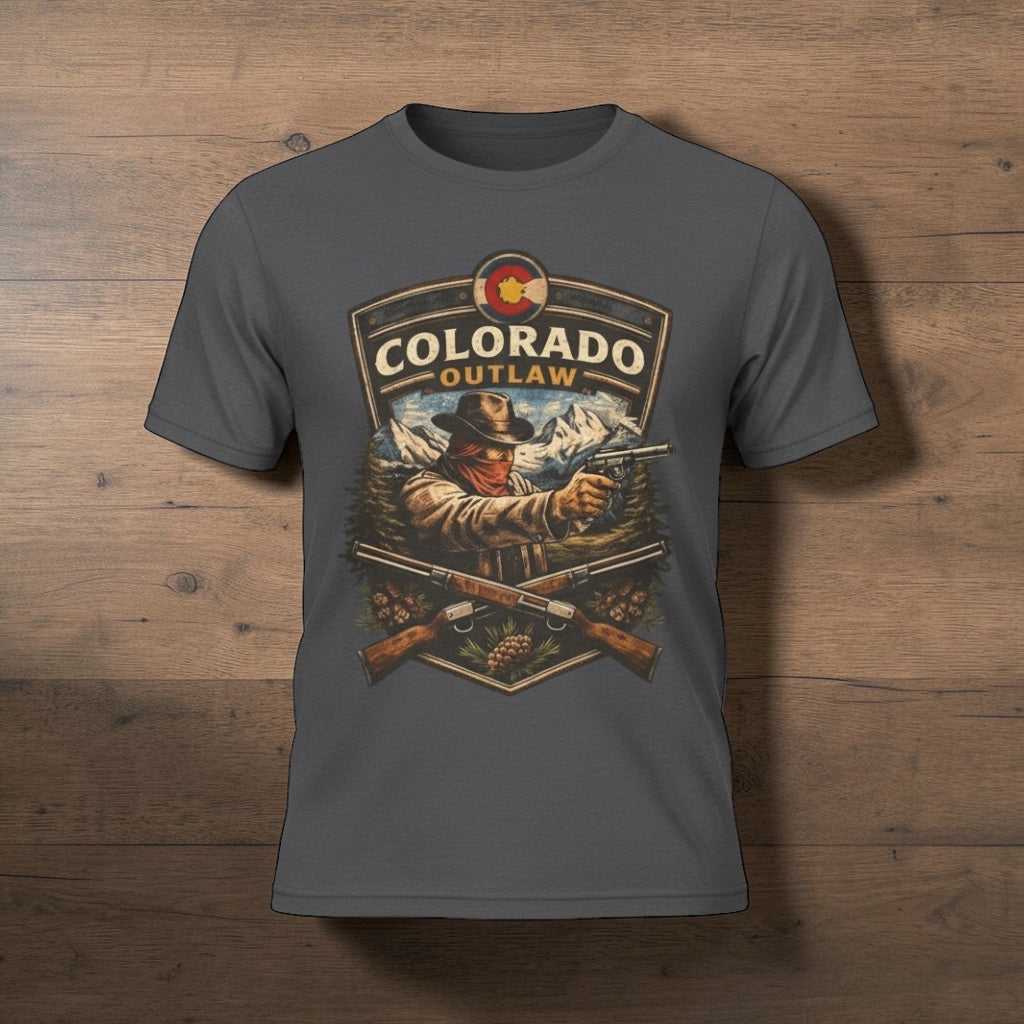 Vintage Colorado Outlaw T-Shirt by Big Sky Ranch Co. featuring a western gunslinger graphic on a casual tee.