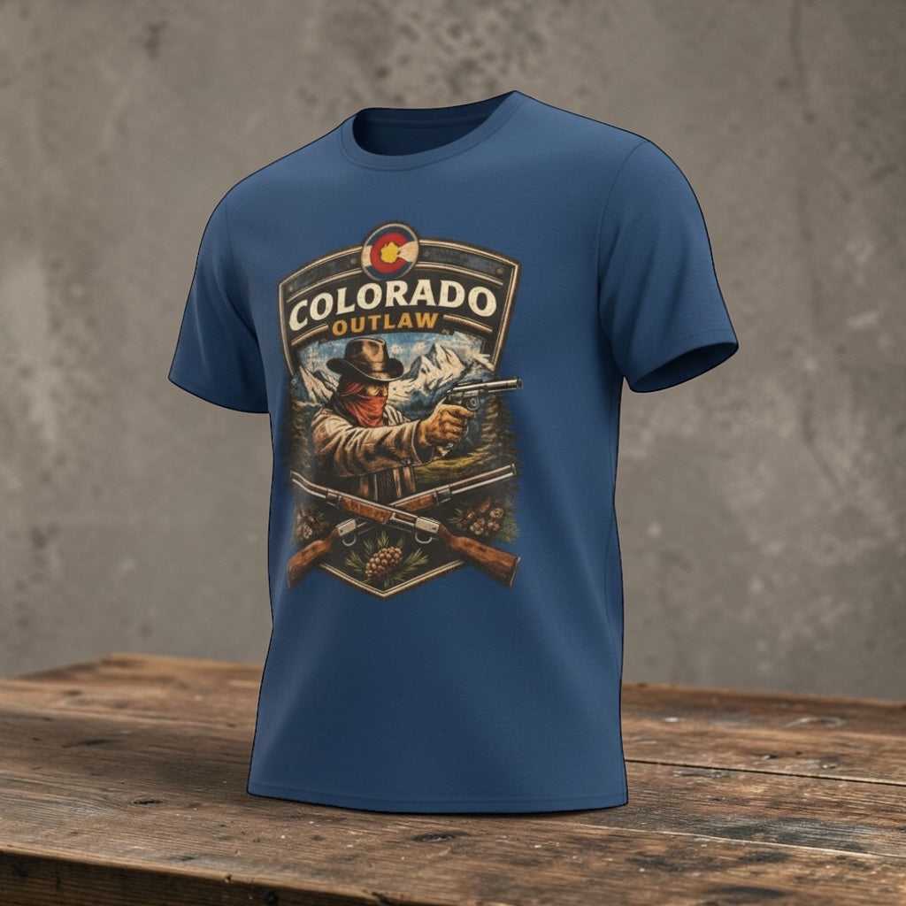 Vintage Colorado Outlaw T-Shirt by Big Sky Ranch Co. featuring Western gunslinger graphic on a casual tee.