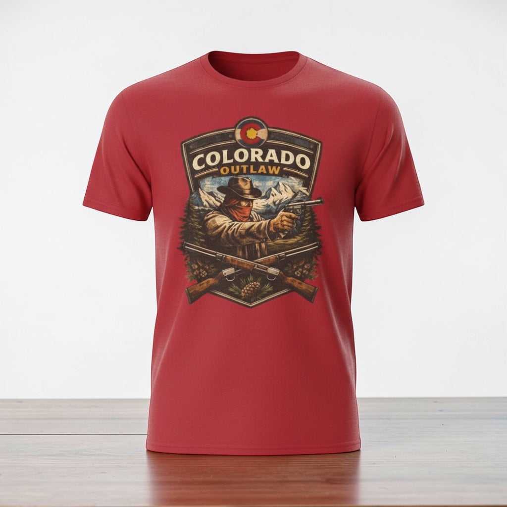 Vintage Colorado Outlaw T-Shirt by Big Sky Ranch Co., featuring a western gunslinger graphic on a casual tee.