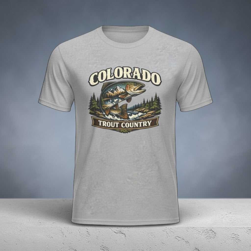 Big Sky Ranch Co. Colorado Trout Country T-Shirt featuring vintage fishing design, perfect for anglers and fishing enthusiasts.
