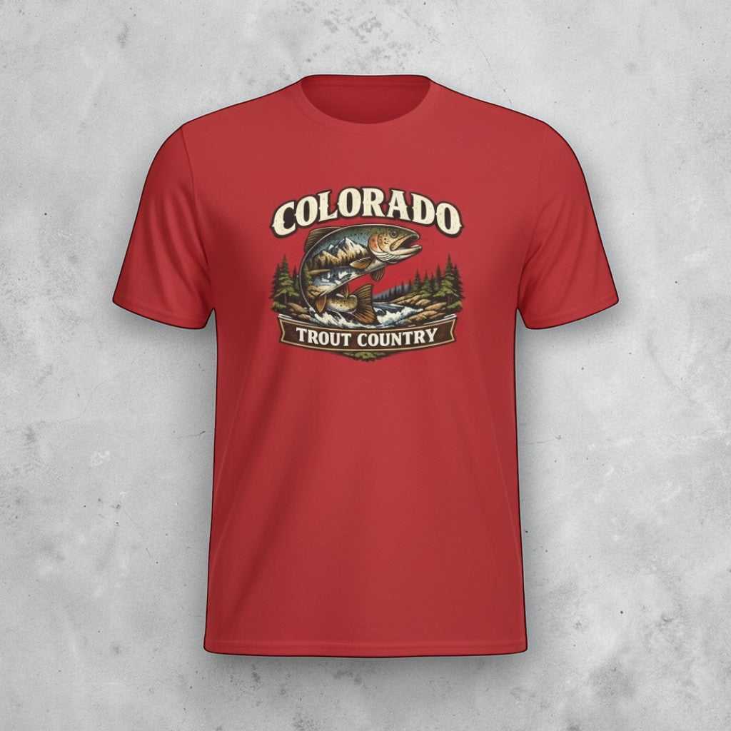 Vintage Colorado Trout Country T-Shirt by Big Sky Ranch Co. featuring a fishing scene for anglers and outdoor enthusiasts.