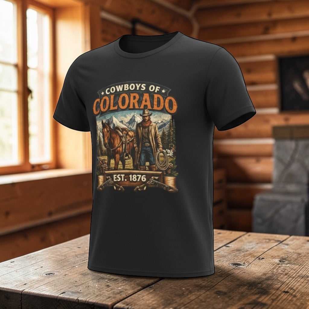 Vintage Cowboys of Colorado T-Shirt by Big Sky Ranch Co. featuring a Western rodeo graphic and Est. 1876 design.