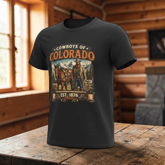 Vintage Cowboys of Colorado T-Shirt by Big Sky Ranch Co. featuring a Western rodeo graphic and Est. 1876 design.