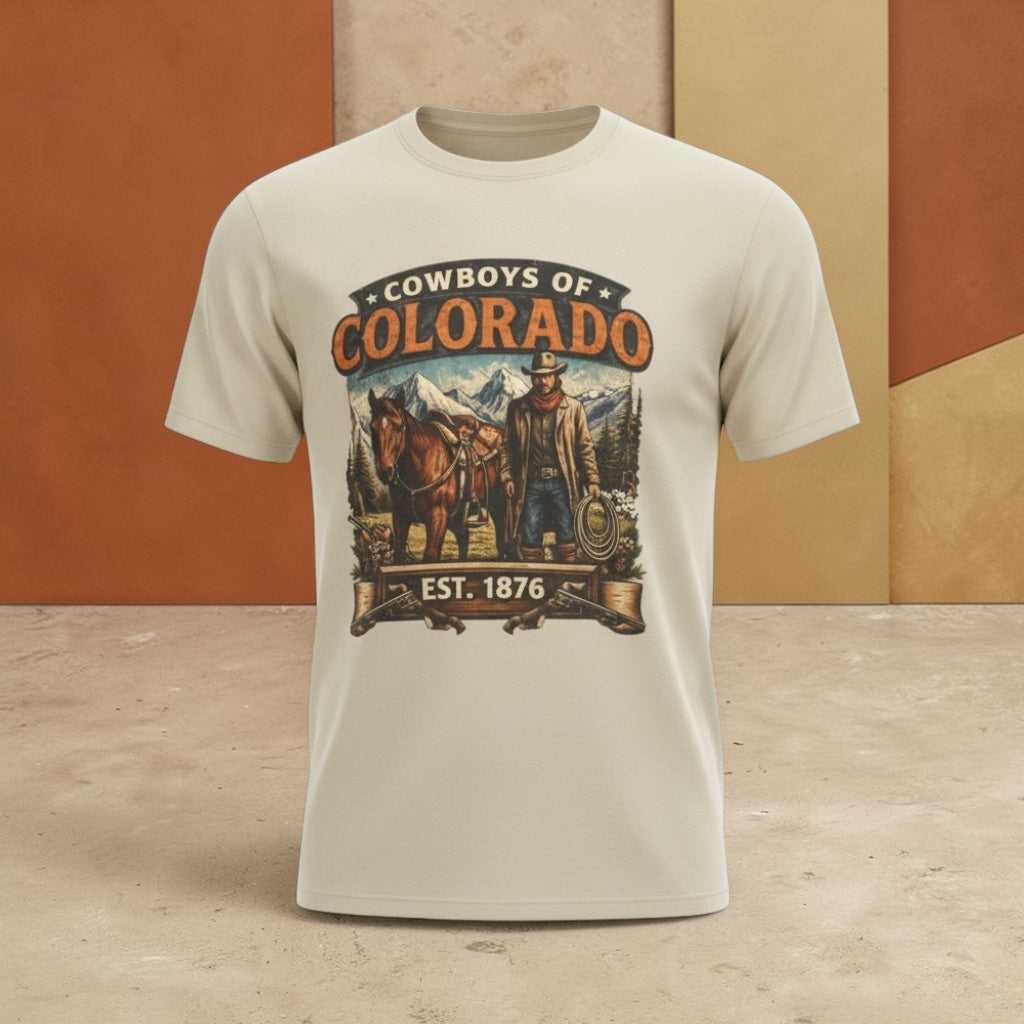 Vintage Cowboys of Colorado T-shirt by Big Sky Ranch Co. featuring a western rodeo graphic and Est. 1876 design.