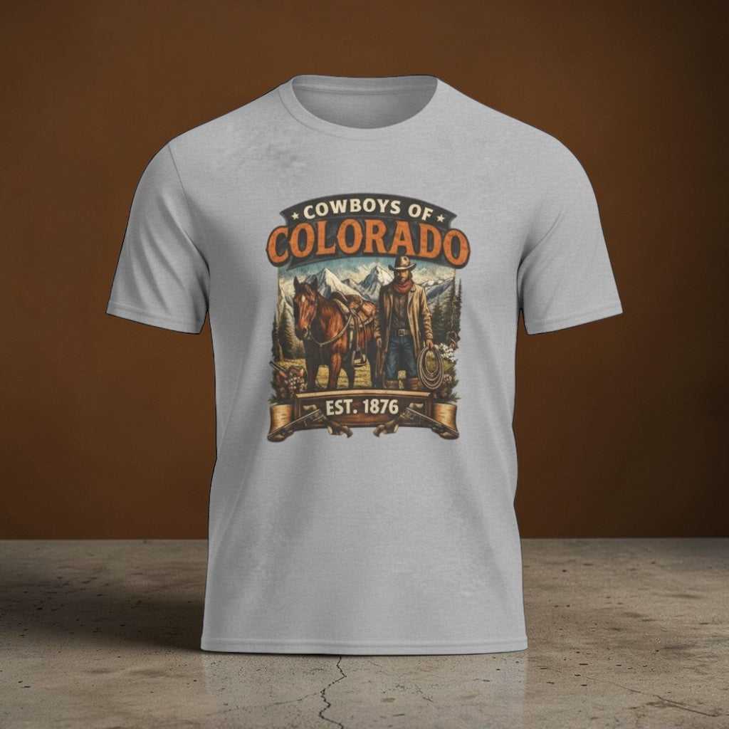 Vintage cowboy T-shirt by Big Sky Ranch Co. featuring western rodeo graphic and "Est. 1876" design on soft cotton fabric.