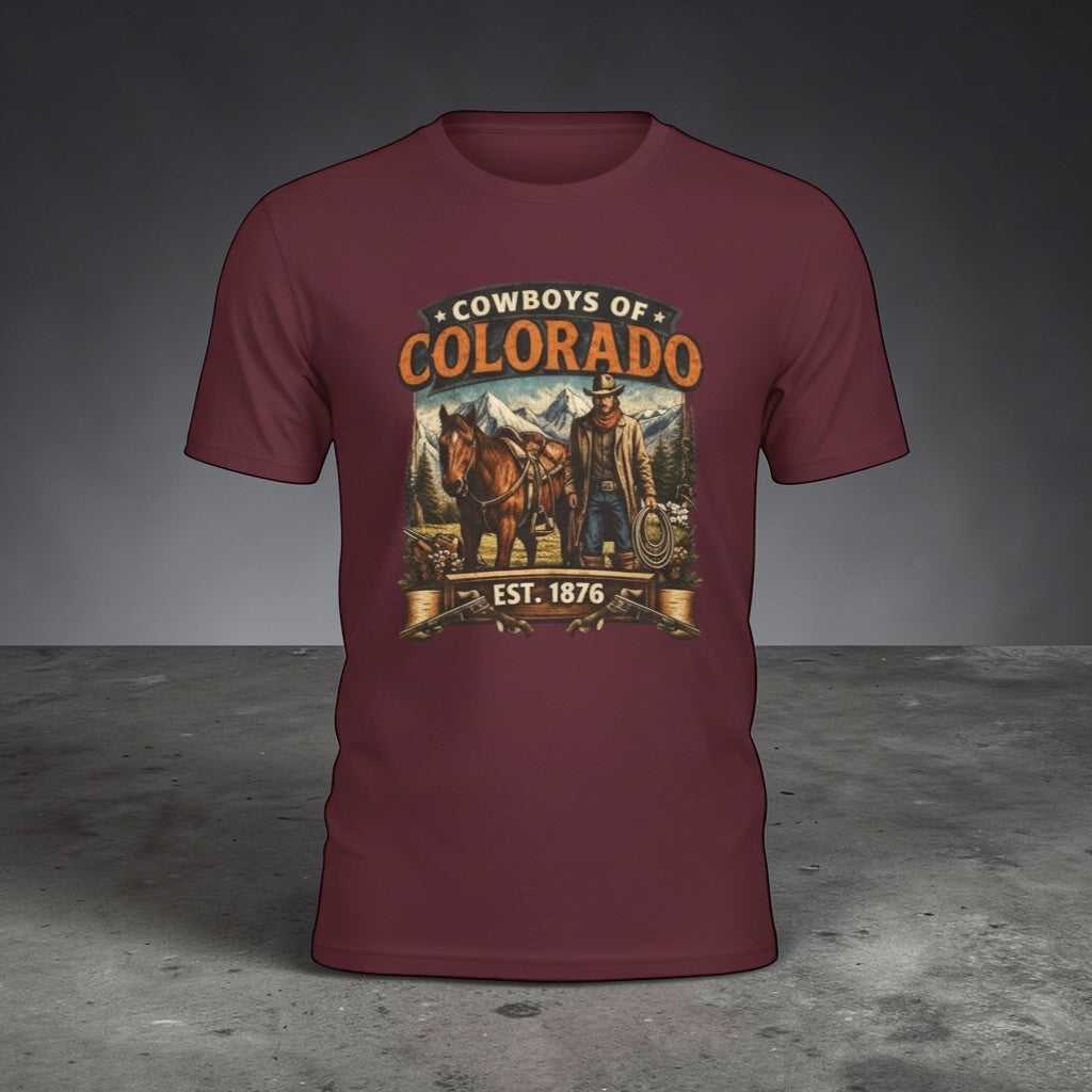 Big Sky Ranch Co. Cowboys of Colorado vintage T-shirt with western rodeo graphic and Est. 1876 design.