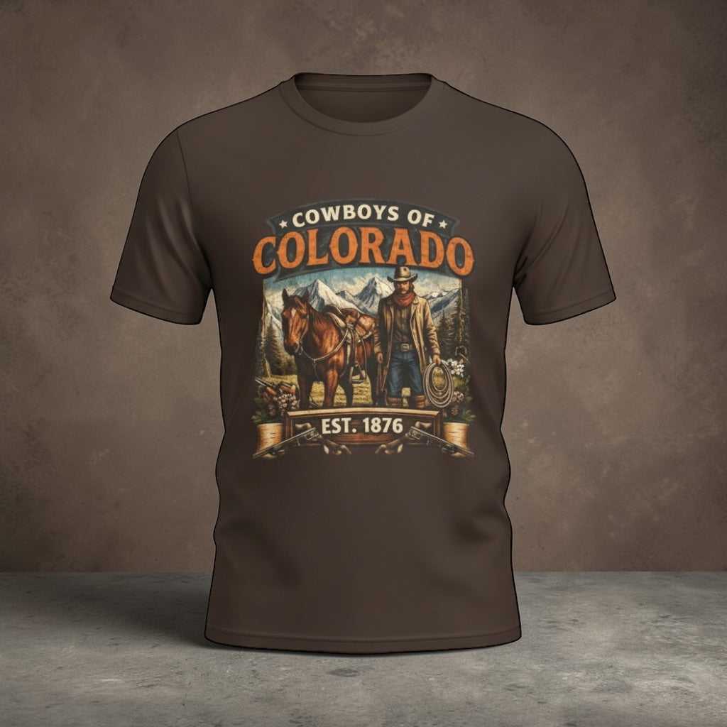 Vintage Cowboys of Colorado T-Shirt by Big Sky Ranch Co. featuring a Western rodeo graphic and Est. 1876 design.