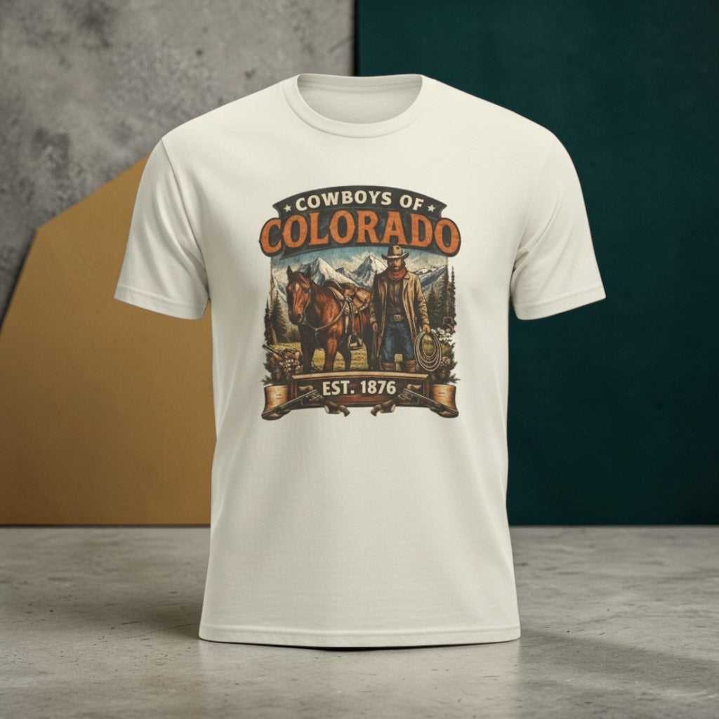 Vintage Cowboys of Colorado T-shirt by Big Sky Ranch Co. featuring a western rodeo graphic and Est. 1876 design.