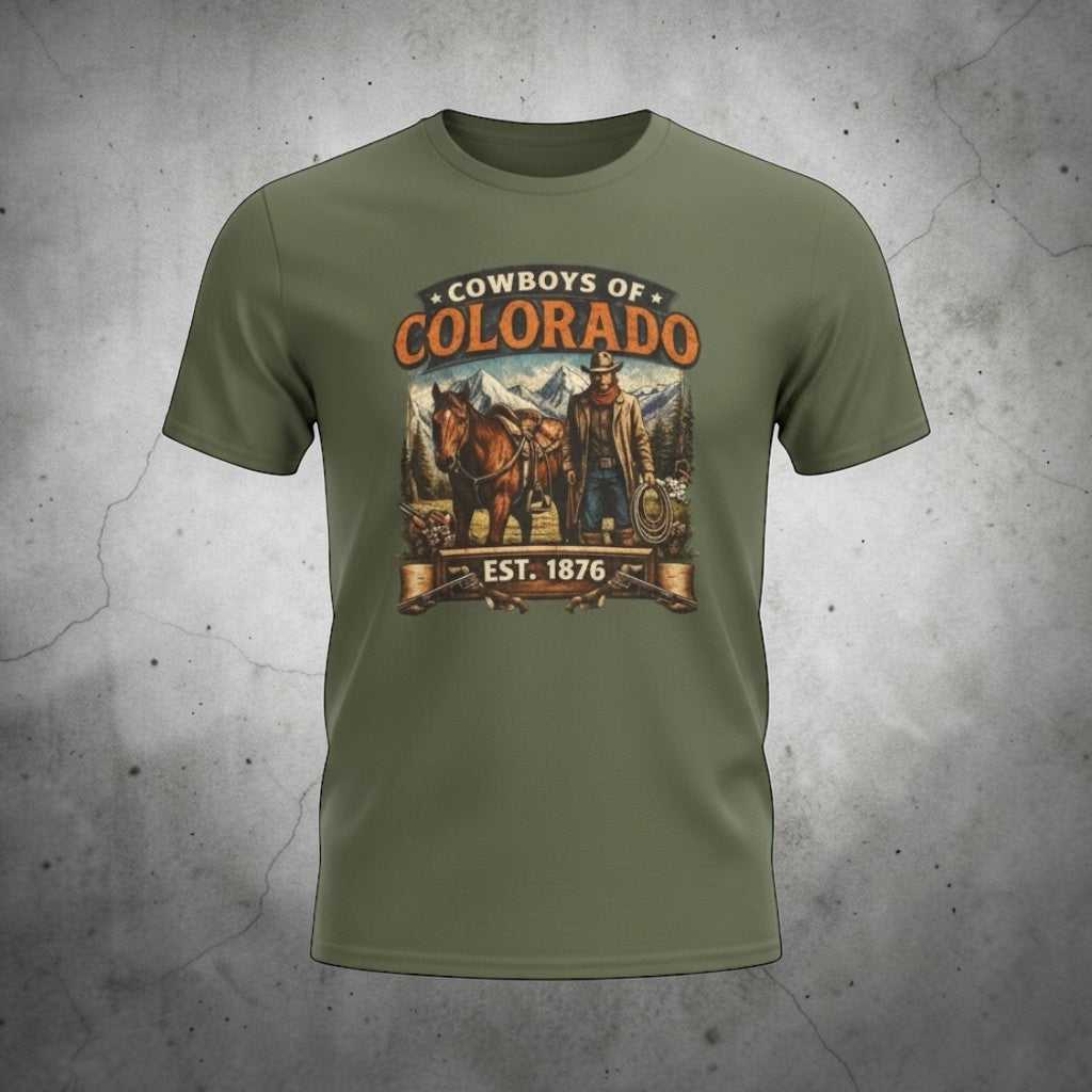 Vintage Cowboys of Colorado T-Shirt by Big Sky Ranch Co. featuring Western rodeo graphic and "Est. 1876" design.