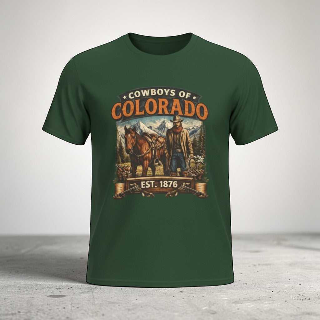 Vintage Cowboys of Colorado T-shirt by Big Sky Ranch Co. featuring Western rodeo graphic and establishment date 1876.