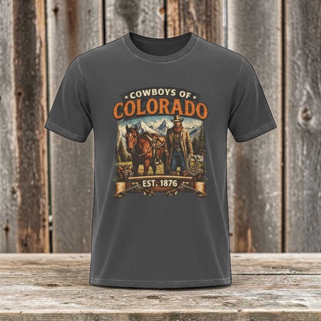 Vintage Cowboys of Colorado T-Shirt by Big Sky Ranch Co. featuring western rodeo graphic and Est. 1876 branding.