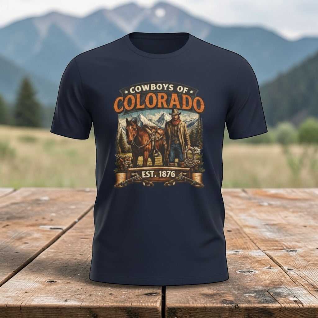 Vintage Cowboys of Colorado T-Shirt by Big Sky Ranch Co. featuring a western rodeo graphic and "Est. 1876" design.