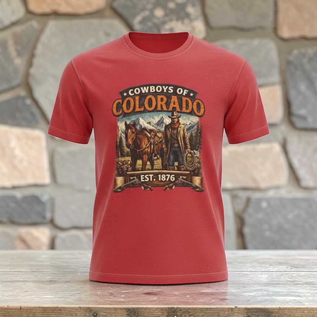 Vintage Cowboys of Colorado T-shirt by Big Sky Ranch Co. featuring Western rodeo graphic and Est. 1876 design.