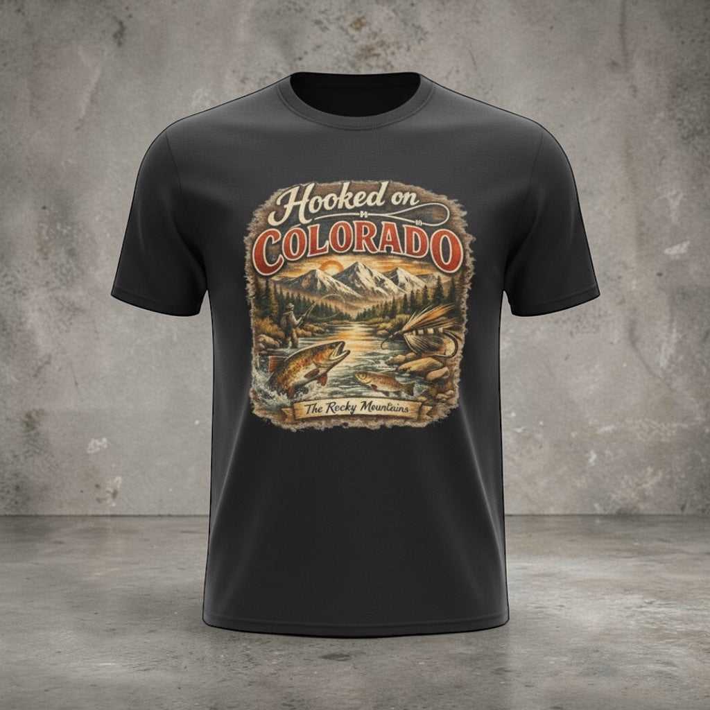 Retro mountain trout graphic T-shirt from Big Sky Ranch Co., featuring a fishing-themed design on a casual tee.