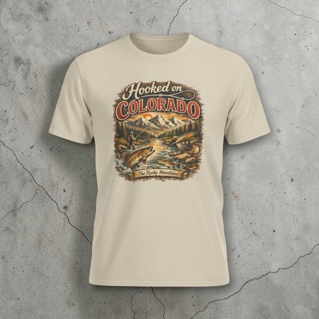 Big Sky Ranch Co. Hooked on Colorado Fishing T-shirt with retro mountain trout graphic, casual fishing-themed graphic tee.