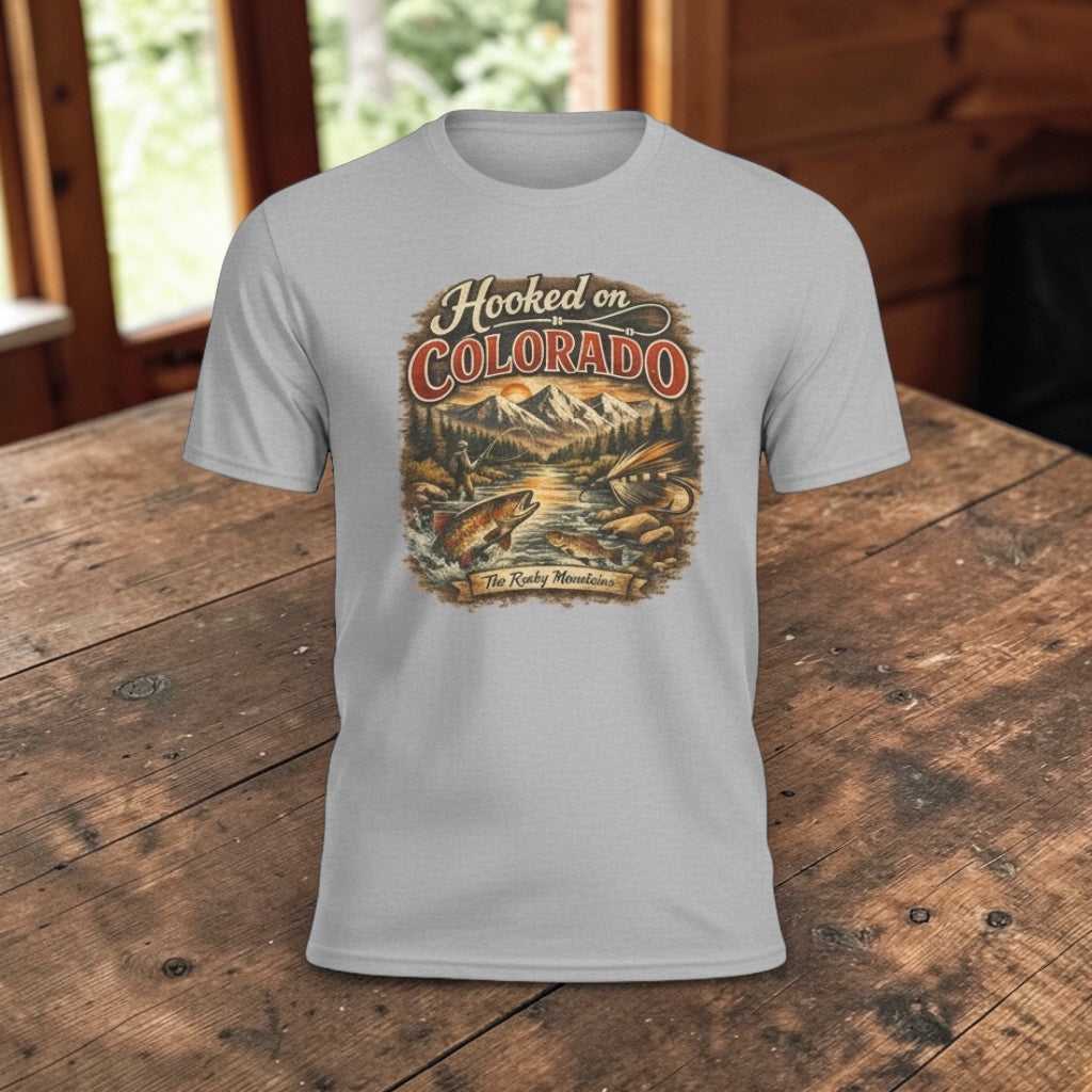 Retro mountain trout graphic T-shirt from Big Sky Ranch Co. featuring a fishing theme and Colorado-inspired design.