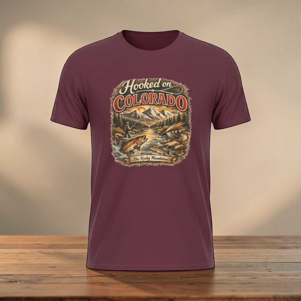 Big Sky Ranch Co. Hooked on Colorado Fishing T-Shirt with retro mountain trout graphic and fishing-themed design.
