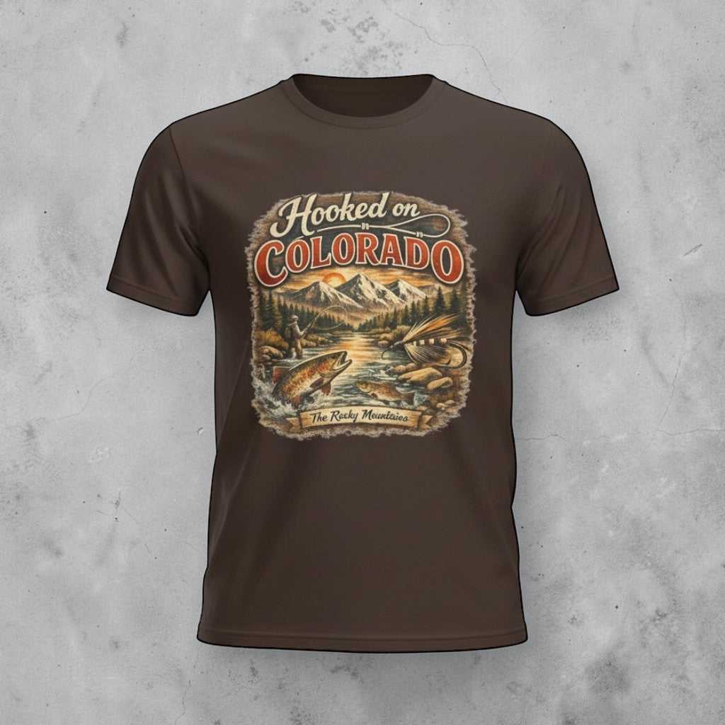 Big Sky Ranch Co. Hooked on Colorado Fishing T-Shirt with retro mountain trout graphic, casual fishing apparel for outdoor enthusiasts
