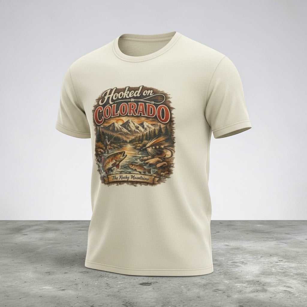 Big Sky Ranch Co. Hooked on Colorado Fishing T-Shirt with retro mountain trout graphic and fishing-themed design.