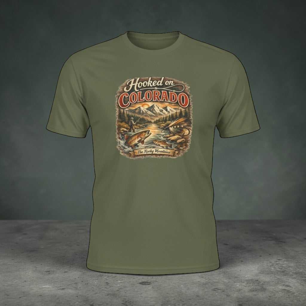 Big Sky Ranch Co. Hooked on Colorado Fishing T-Shirt with retro mountain trout graphic and fishing motif.