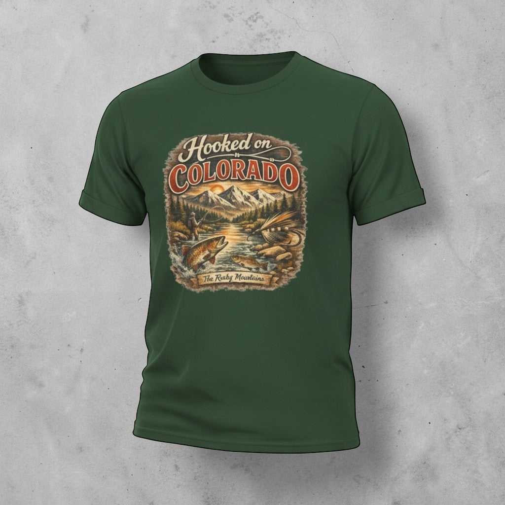 Retro mountain trout graphic T-shirt by Big Sky Ranch Co. featuring a fishing-themed design on a comfortable T-shirt.