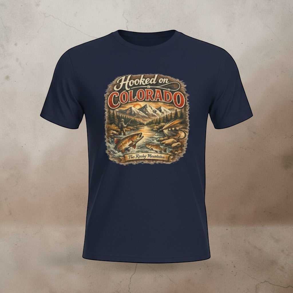 Retro mountain trout graphic T-shirt by Big Sky Ranch Co. featuring a fishing hook design on a casual Colorado fishing tee.