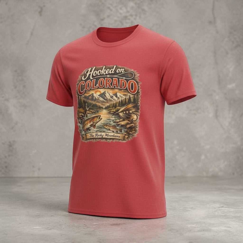 Retro mountain trout graphic T-shirt by Big Sky Ranch Co. featuring a colorful fishing design on a casual tee.