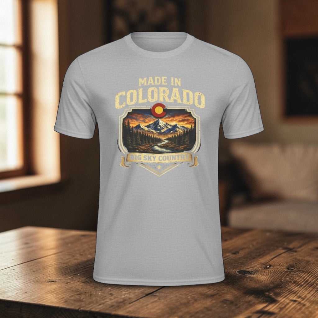Made in Colorado Big Sky Country mountain T-shirt by Big Sky Ranch Co. featuring scenic mountain landscape on soft cotton fabric.