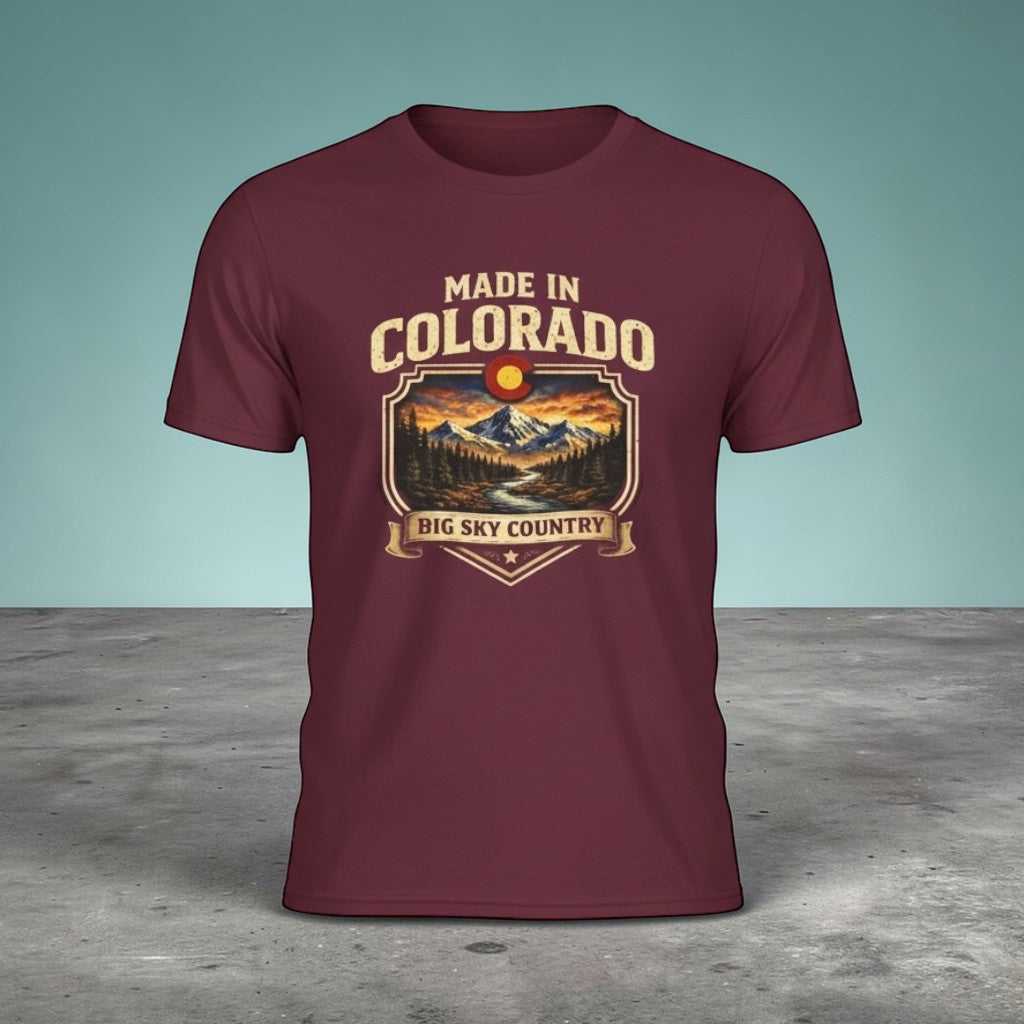 Made in Colorado Big Sky Country Mountain T-Shirt by Big Sky Ranch Co., featuring a mountain landscape graphic on a casual tee.