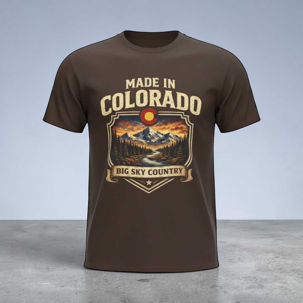 Made in Colorado Big Sky Country Mountain T-Shirt by Big Sky Ranch Co., front view showcasing mountain graphic and natural fit.