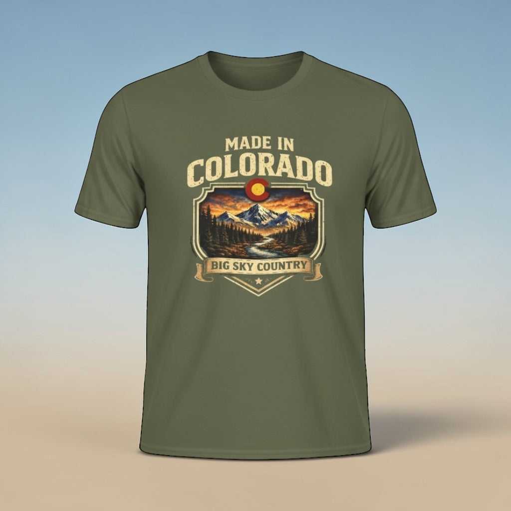 Made in Colorado T-Shirt by Big Sky Ranch Co. featuring mountain landscape design on a casual cotton T-shirt.