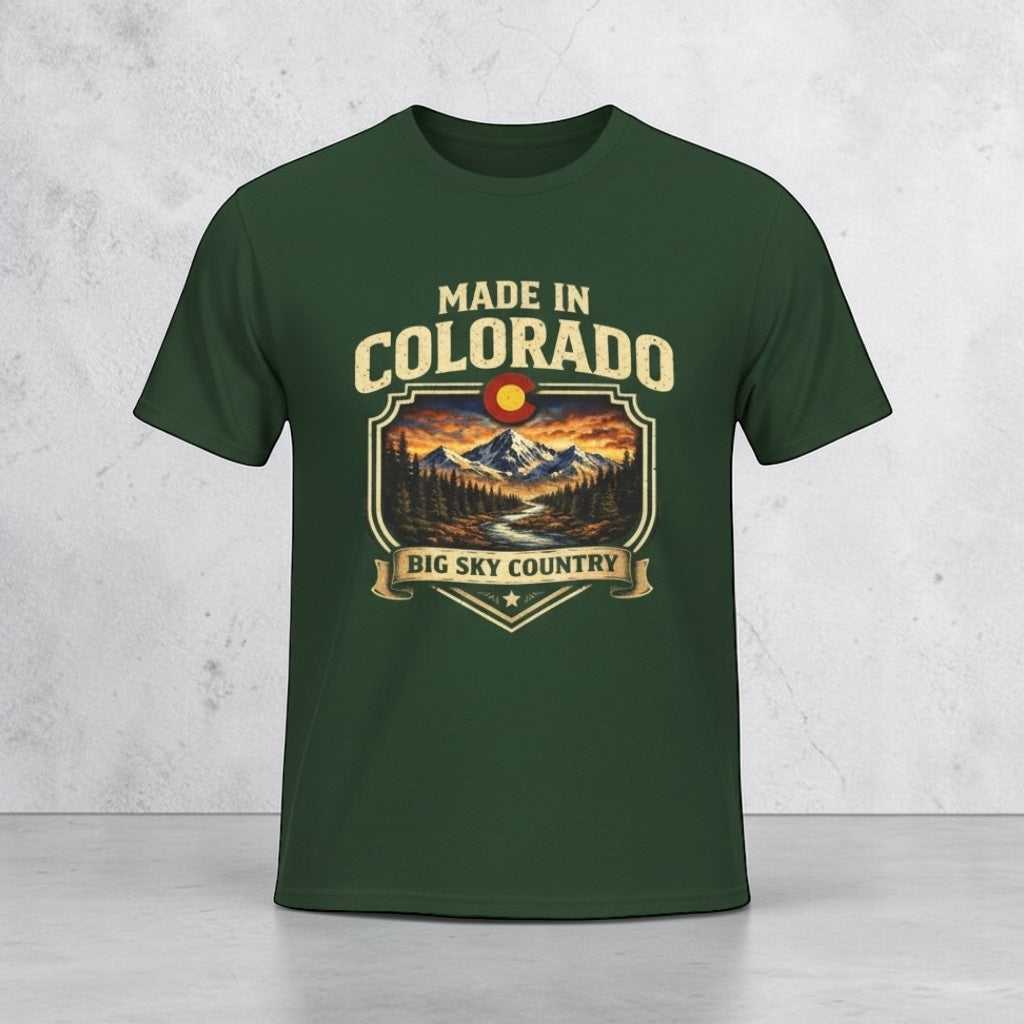 Made in Colorado Big Sky Country mountain T-Shirt by Big Sky Ranch Co. featuring a mountain landscape design.