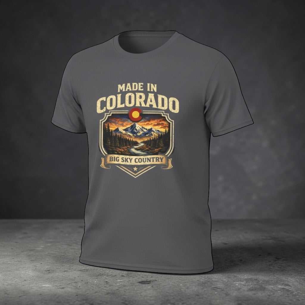 Made in Colorado Big Sky Country Mountain T-Shirt by Big Sky Ranch Co. featuring mountain landscape and outdoor design.