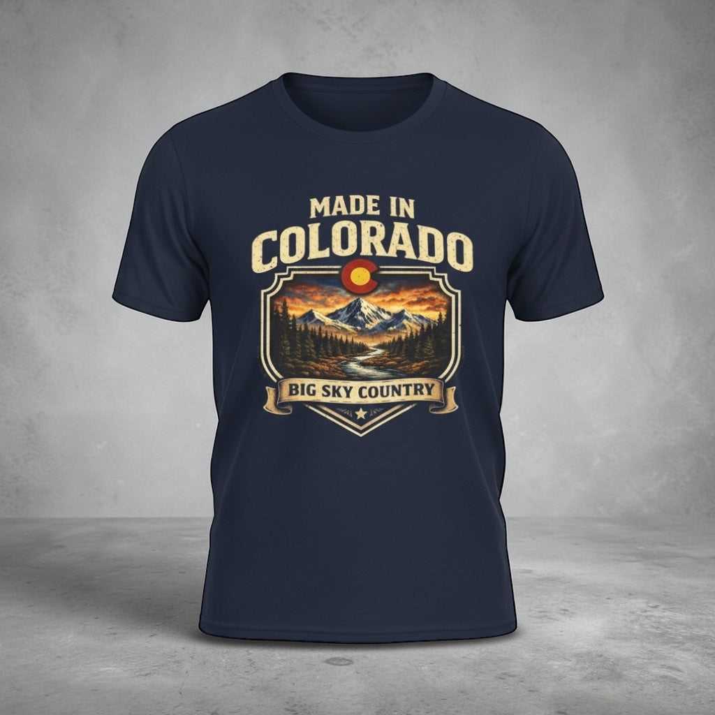Made in Colorado Big Sky Country mountain T-Shirt by Big Sky Ranch Co. featuring a scenic mountain design on soft fabric.