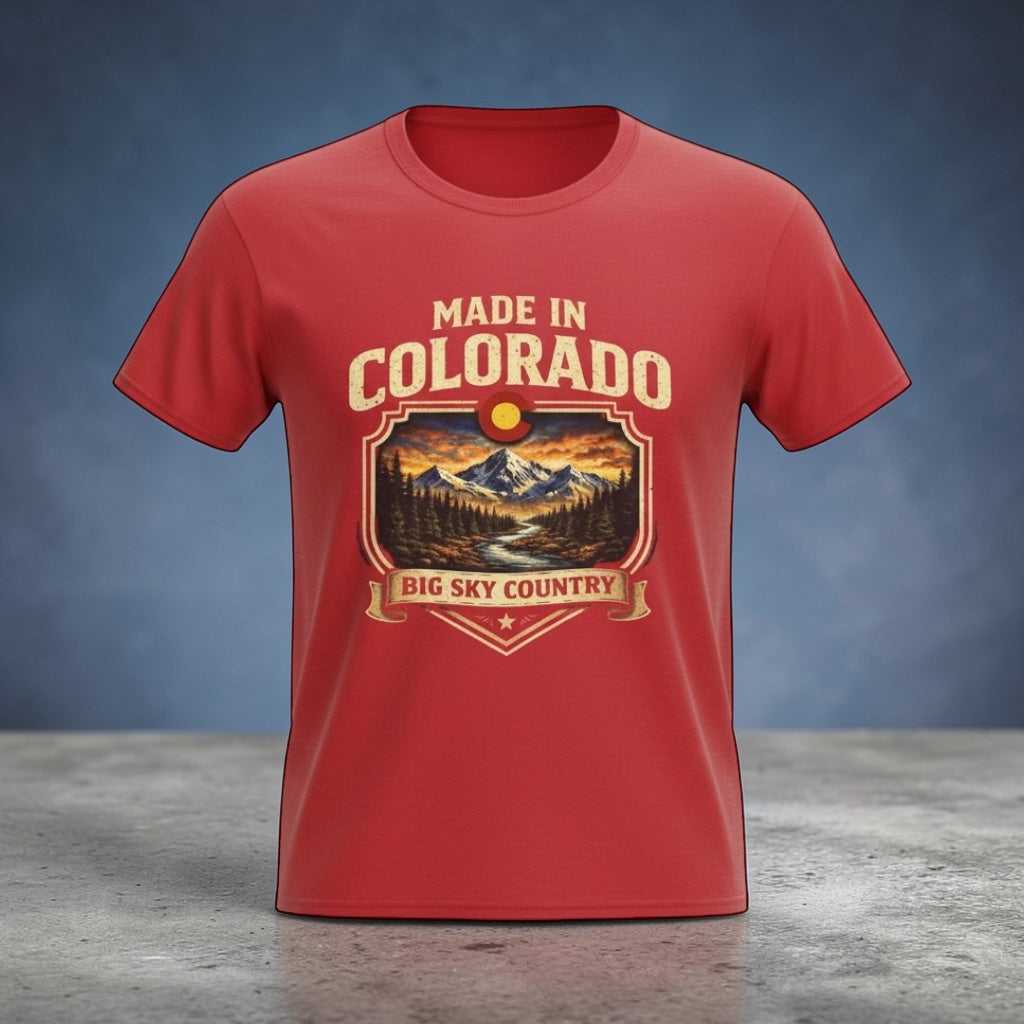 Made in Colorado Big Sky Country mountain T-Shirt by Big Sky Ranch Co. showcasing a scenic mountain landscape design.