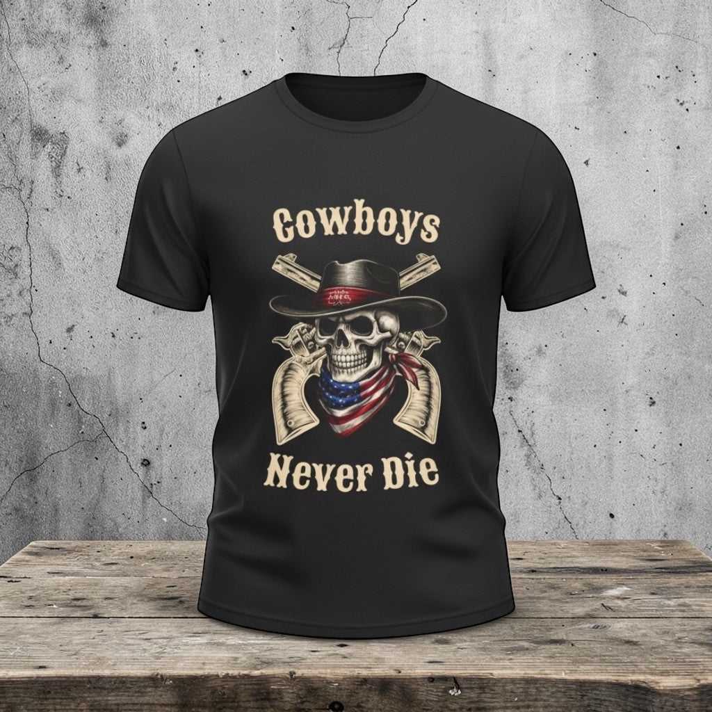 Western skull cowboy graphic T-shirt from Big Sky Ranch Co., featuring a rugged cowboy design on a casual cotton tee.