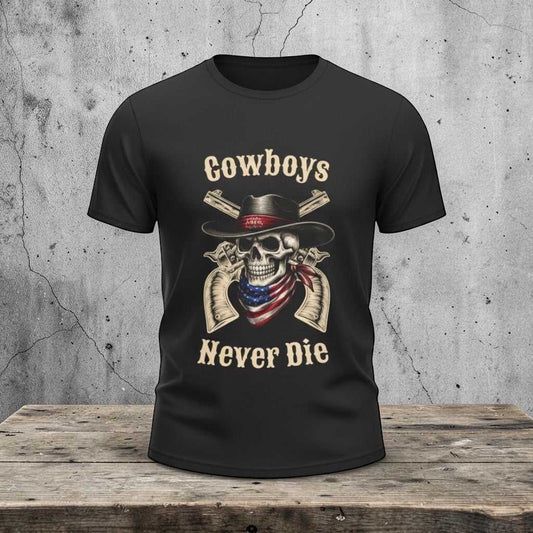 Western skull cowboy graphic T-shirt from Big Sky Ranch Co., featuring a rugged cowboy design on a casual cotton tee.
