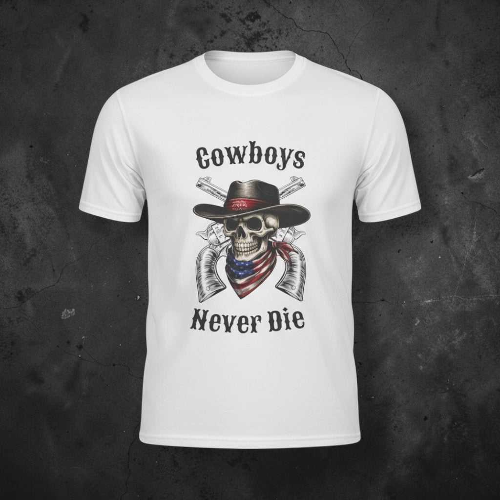 Western skull cowboy graphic T-shirt by Big Sky Ranch Co., featuring a rugged cowboy design on a casual tee.