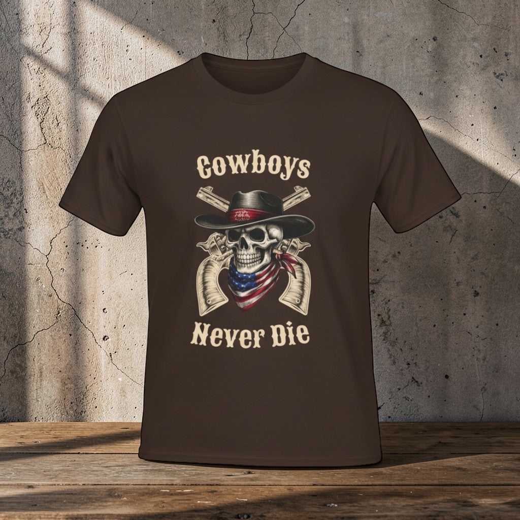 Western skull cowboy graphic T-shirt by Big Sky Ranch Co. featuring a rugged cowboy design on a casual tee.