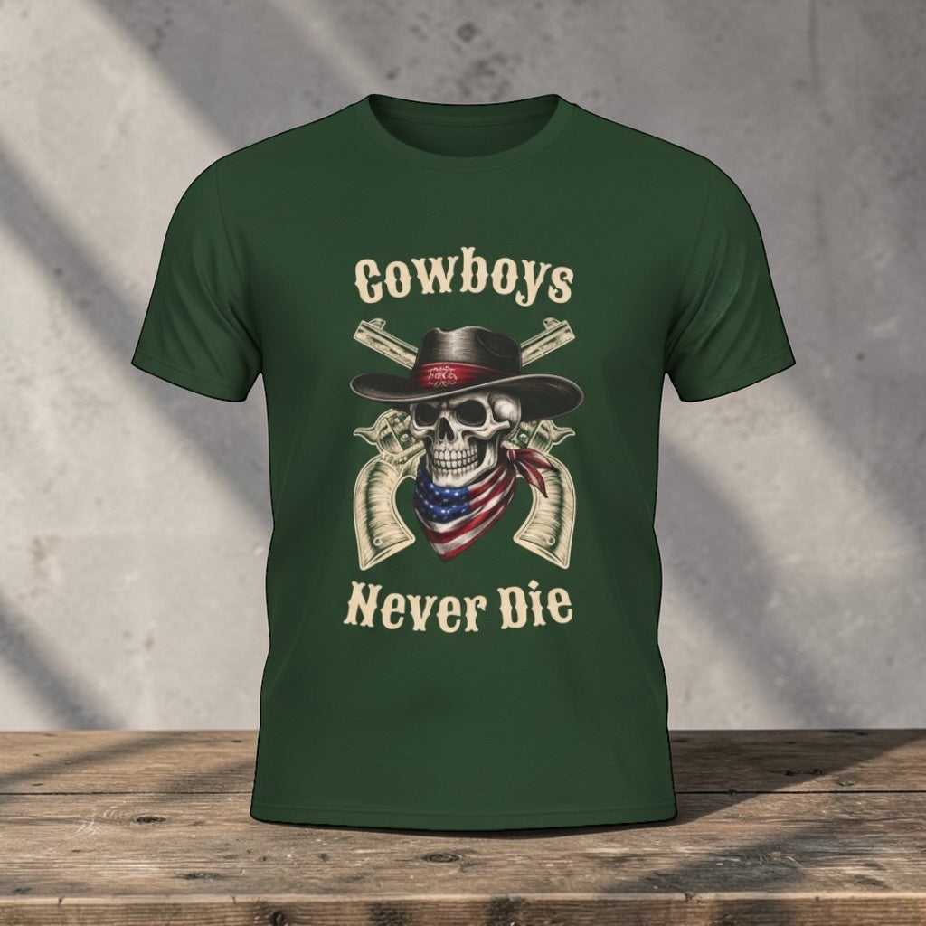 Big Sky Ranch Co. Cowboys Never Die T-Shirt with Western skull cowboy graphic, casual cotton tee for western style enthusiasts.