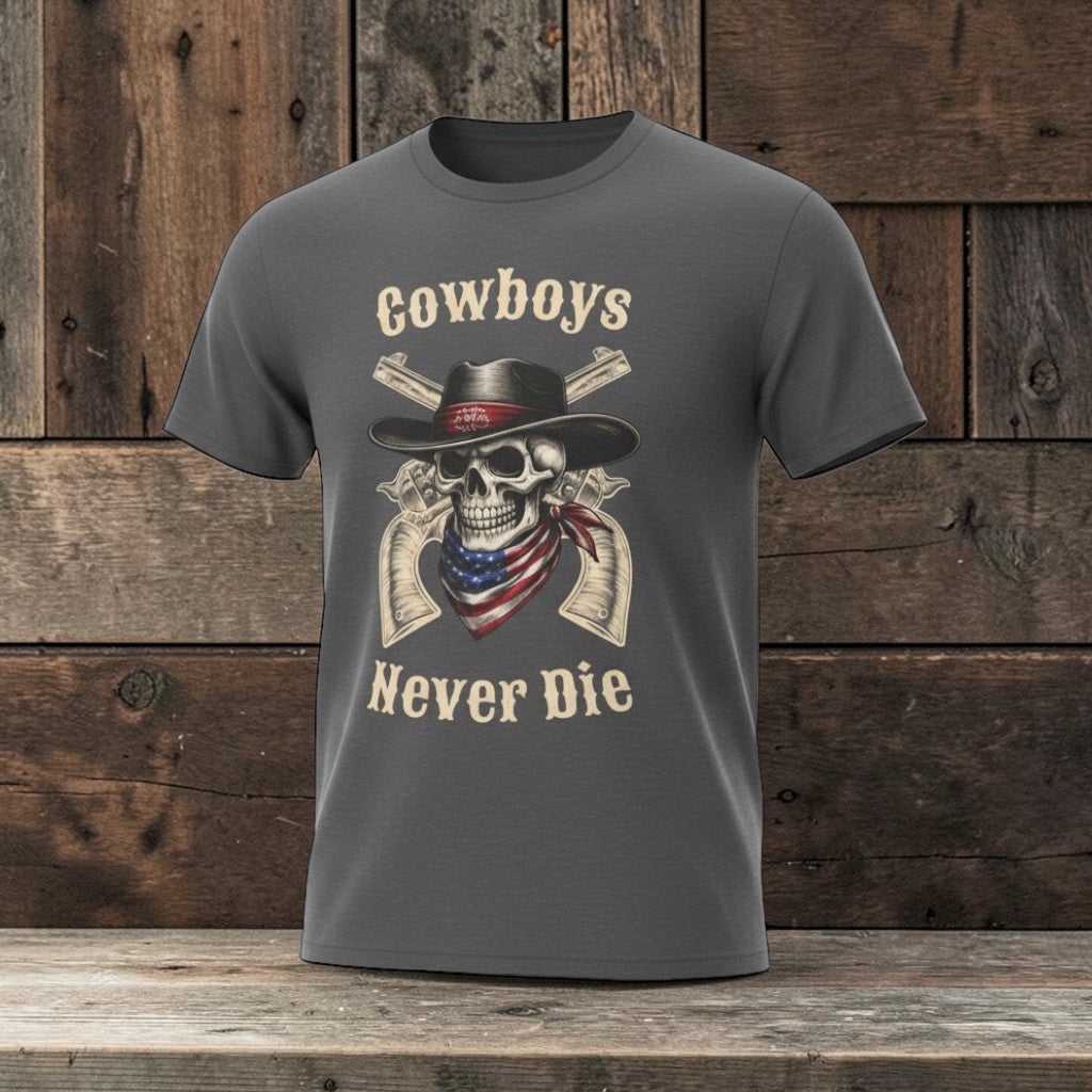 Western skull cowboy graphic T-shirt by Big Sky Ranch Co., featuring a rugged cowboy skull design on a casual tee.