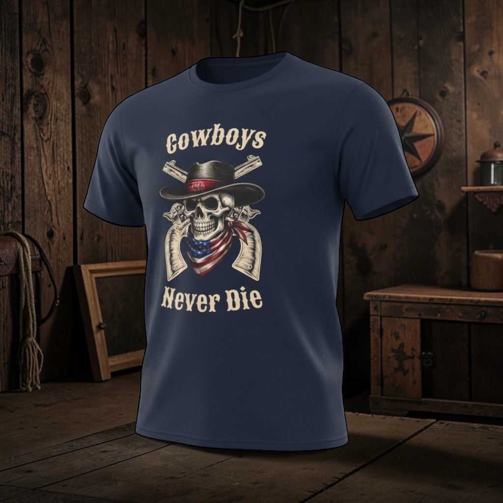 Big Sky Ranch Co. Cowboys Never Die T-Shirt featuring a Western skull cowboy graphic on a casual cotton tee.