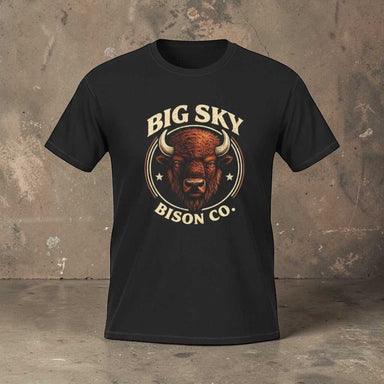 Big Sky Bison Co. T-shirt featuring a vintage bison logo with bold rustic lettering, prairie-inspired elements, and a distressed retro Western style