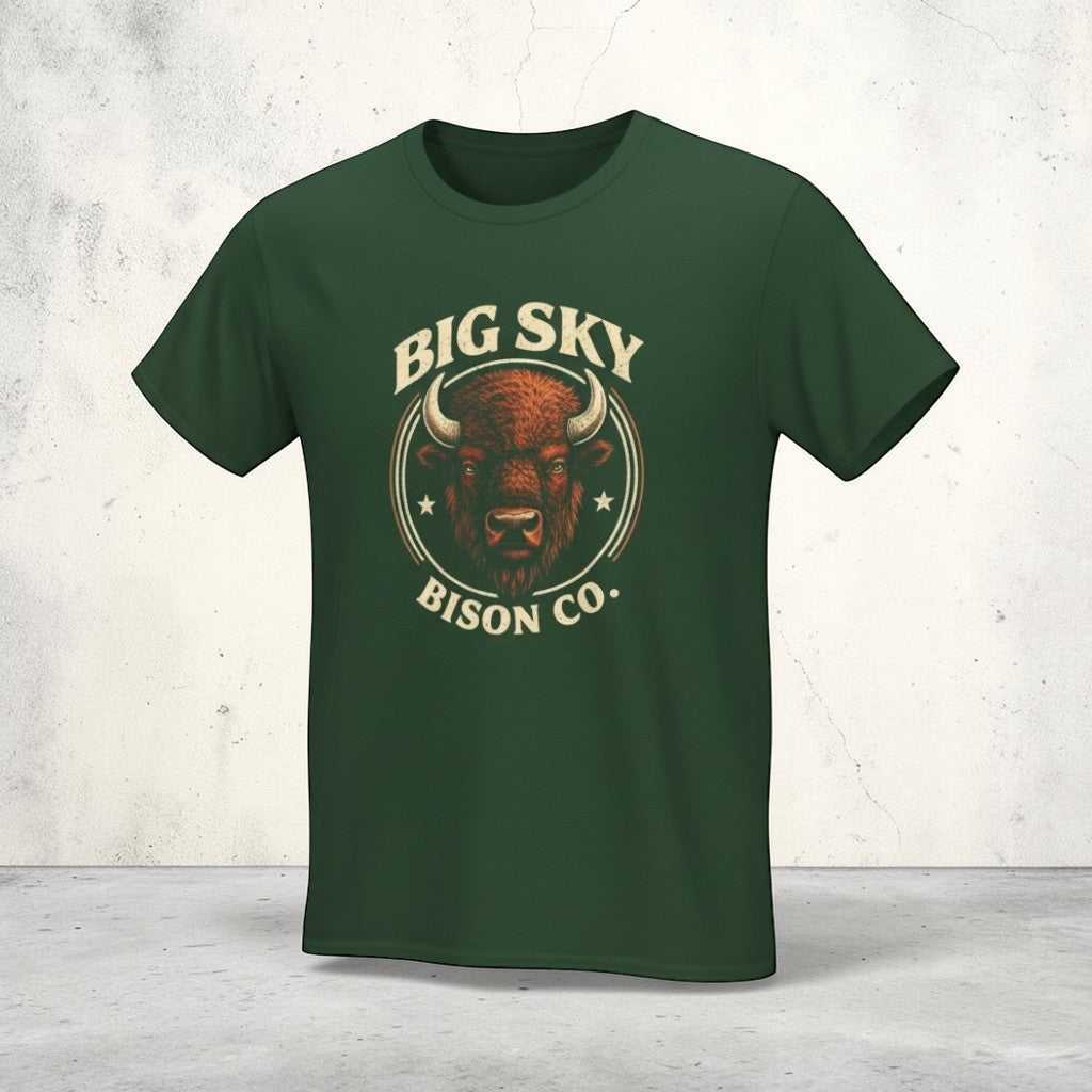 Big Sky Bison Co. vintage bison logo T-shirt featuring a classic bison graphic on a casual cotton tee.