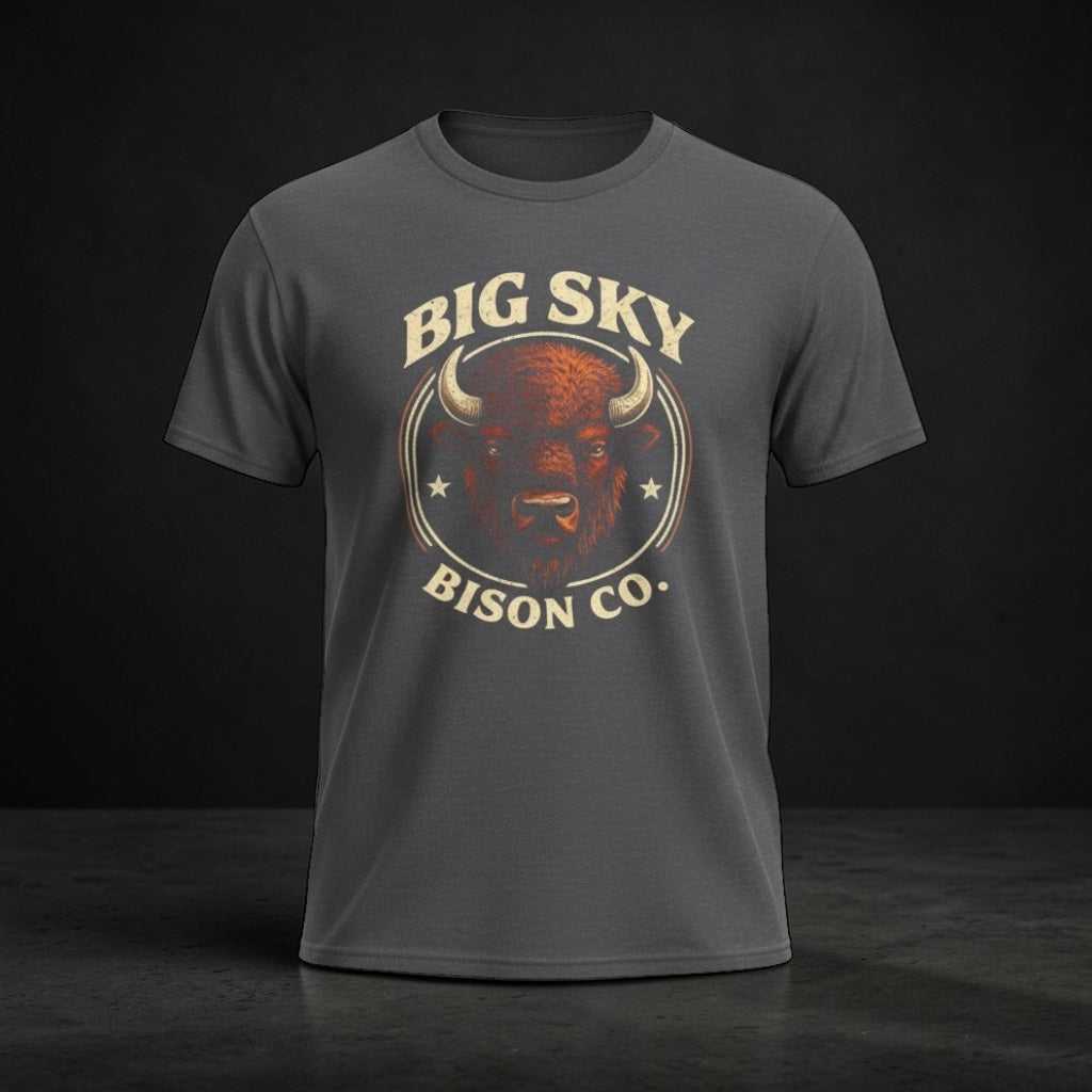 Vintage Bison Logo T-Shirt by Big Sky Ranch Co., featuring a classic bison graphic on a casual cotton tee.