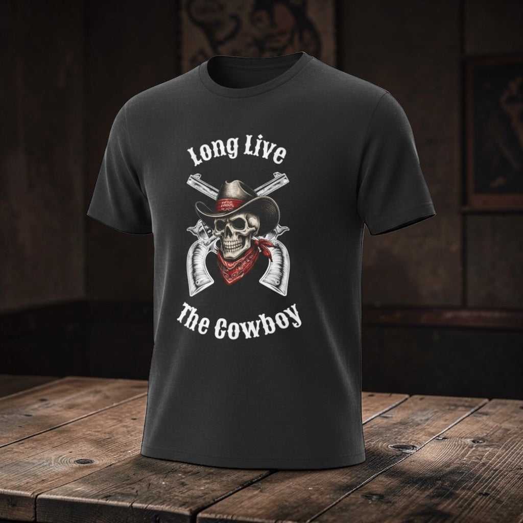 Cowboy Skull T-shirt featuring the phrase “Long Live The Cowboy” with a rugged skull graphic, bold Western lettering, and a distressed vintage outlaw aesthetic